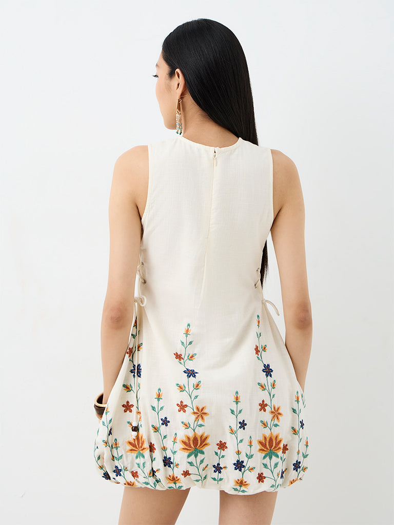 Bombay Paisley Off-White Floral Embroidered Cotton Bubble Dress