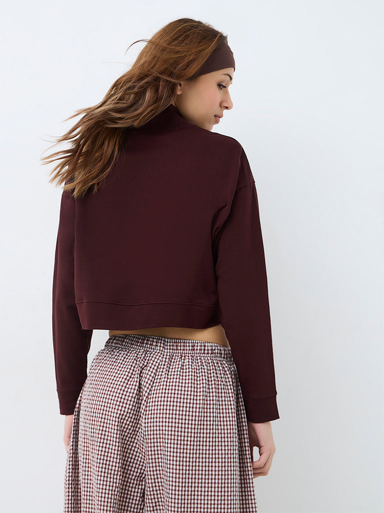 Superstar Dark Brown Solid Quarter-Zip Cotton Sweatshirt