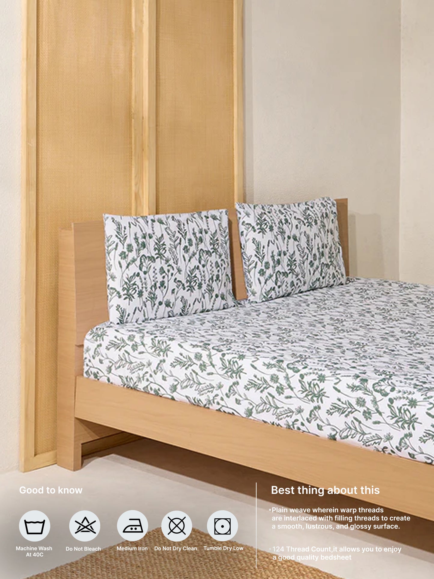 Westside Home Dark Green Print Queen Bed Flat Sheet and Pillowcase Set