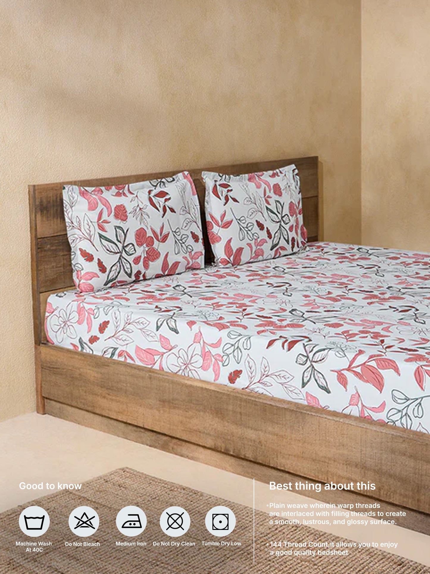 Westside Home Pink Floral Printed Queen Bed Flat Sheet and Pillowcase Set