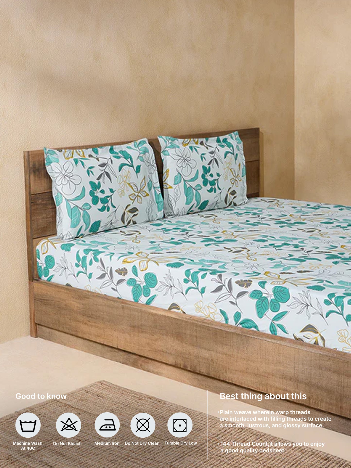 Westside Home Green Printed Queen Bed Fitted Sheet and Pillowcase Set