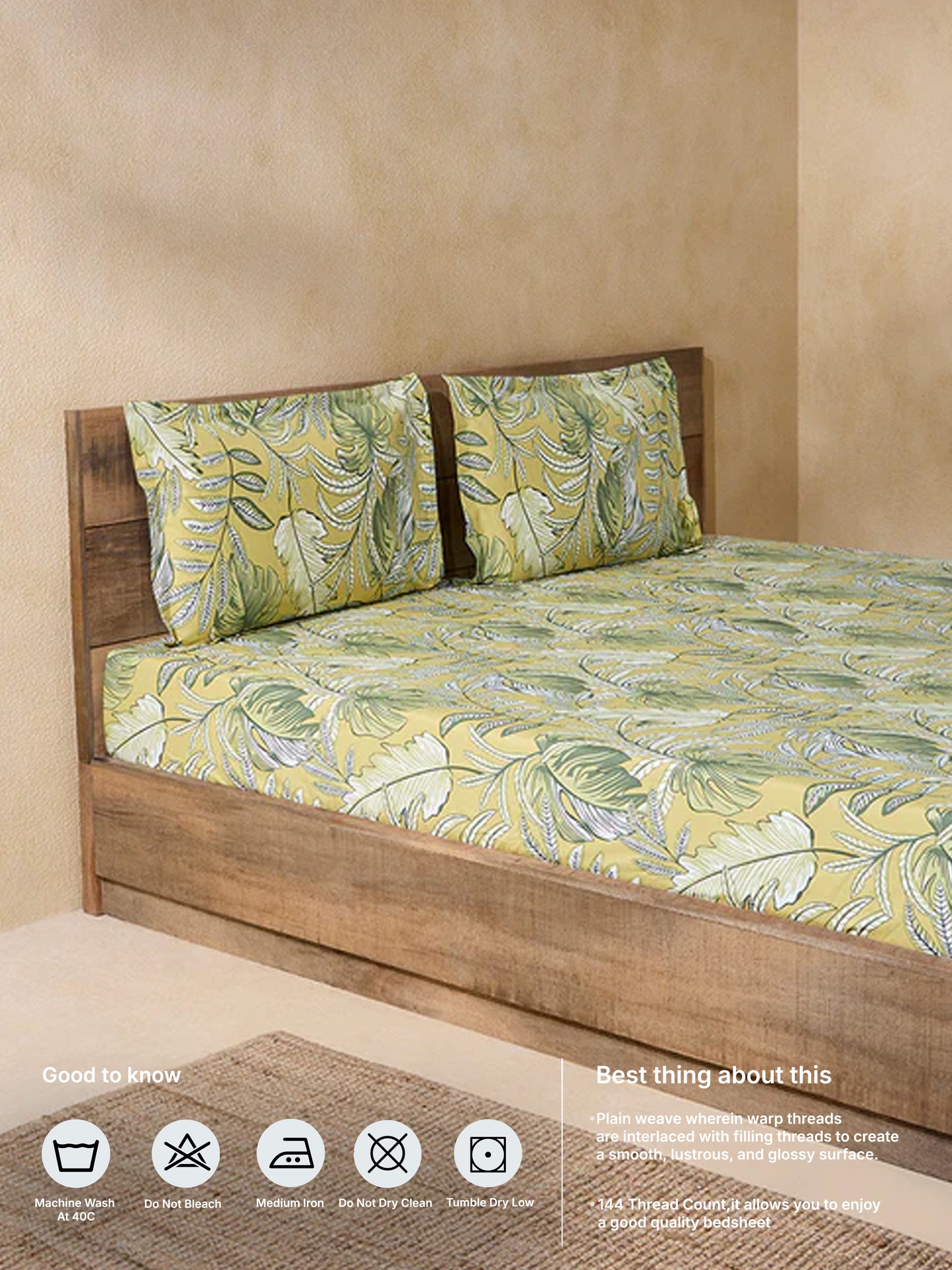 Westside Home Yellow Printed Queen Bed Fitted Sheet and Pillowcase Set