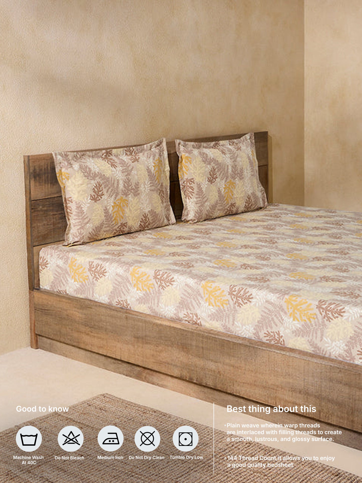 Westside Home Ochre Foliage Queen Bed Flat Sheet and Pillowcase Set
