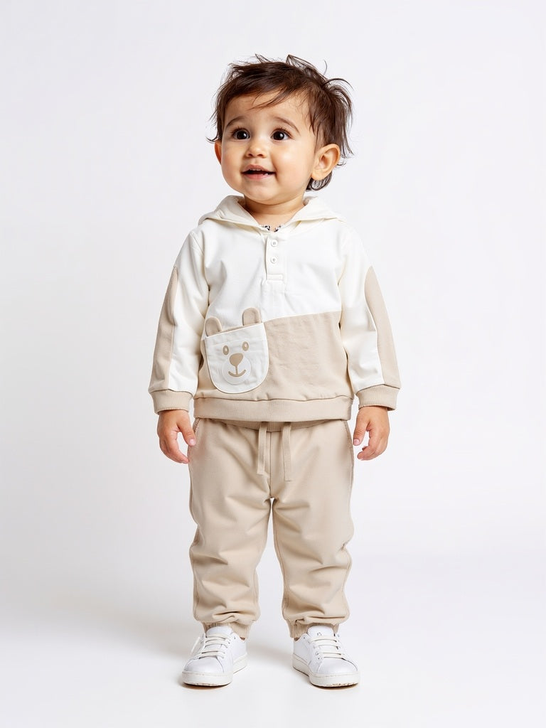 HOP Baby Beige Animal Printed Cotton Sweatshirt with Joggers Set