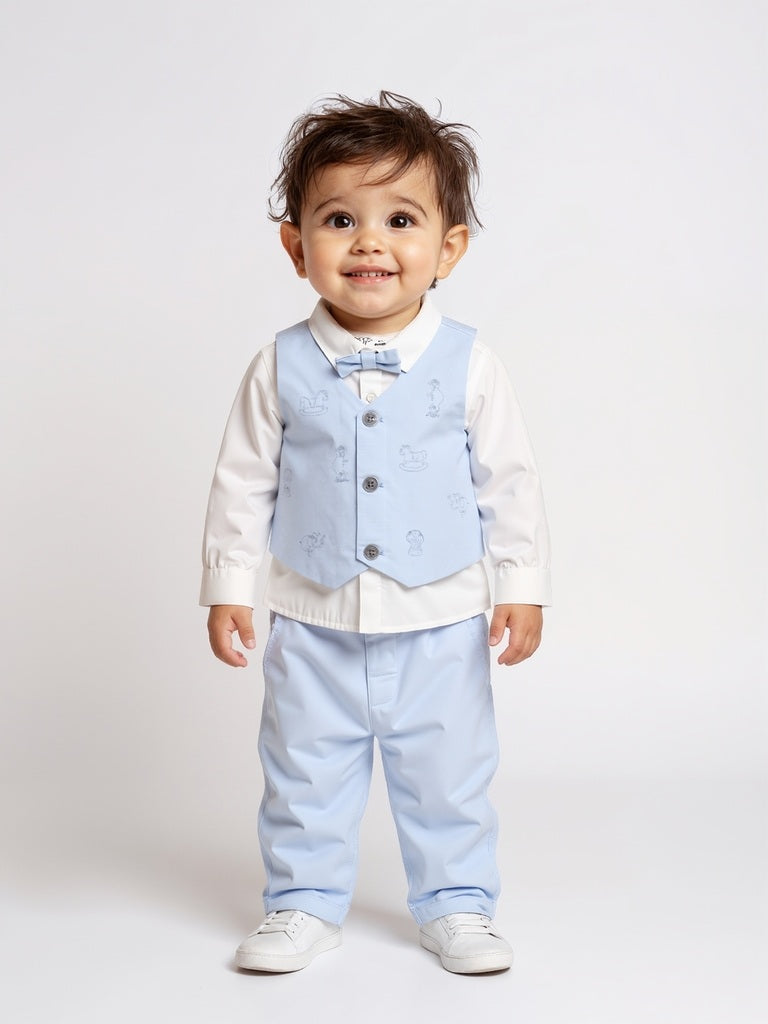 Buy HOP Baby Blue Cotton Waistcoat, Shirt, Trousers and Bow Set