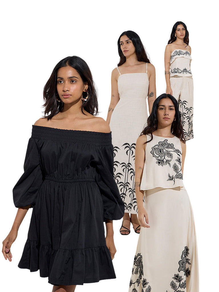 LOV Off-White Botanical Design Off-Shoulder Top