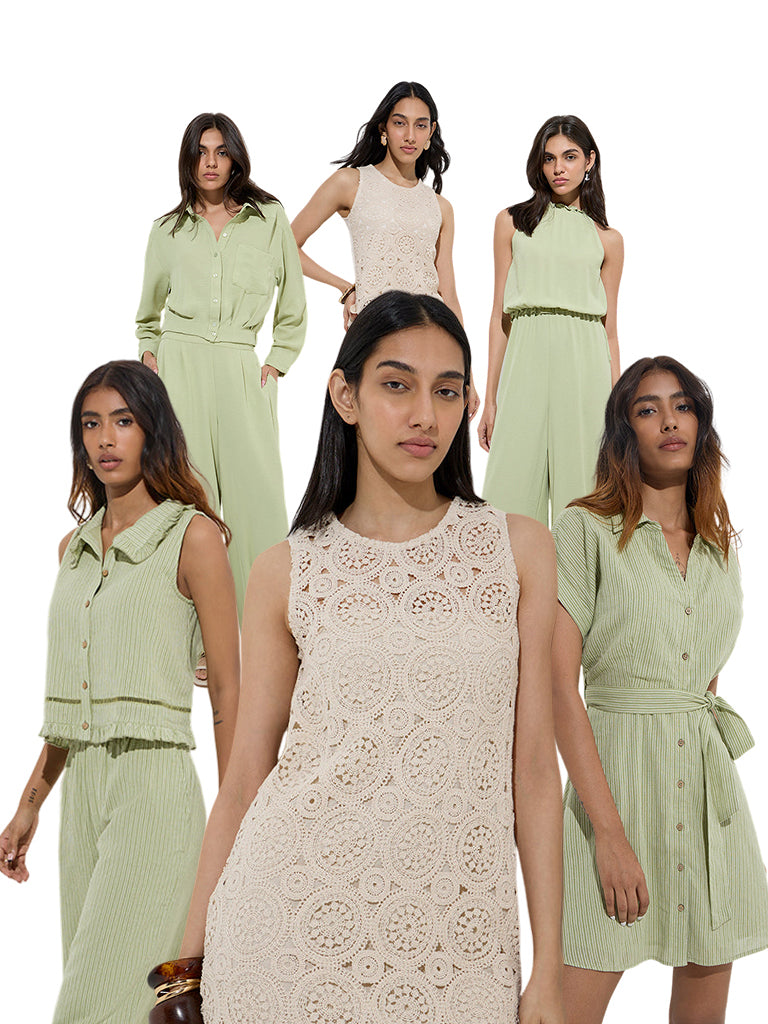 Westside LOV Women's Beige Crochet-Detailed Shift Dress for Casual Wear Campaign Image