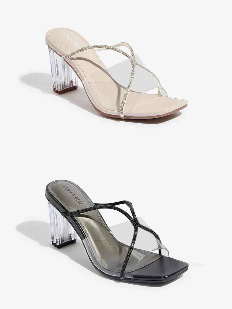 LUNA BLU Ivory Diamante Embellished Vinyl Heel Sandals