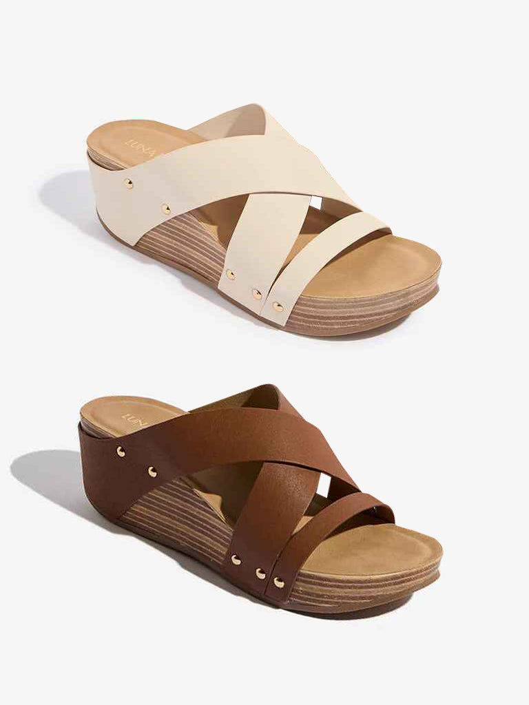 LUNA BLU Beige Criss-Cross Wedge-Heel Sandals