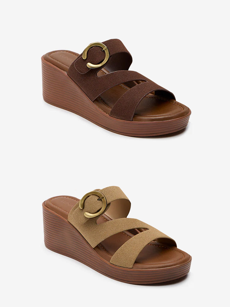 Westside LUNA BLU Women's Brown Multi-Strap Wedge Sandals for Casual Wear Side View
