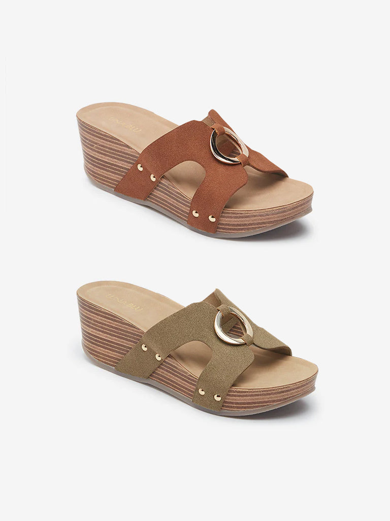 Westside LUNA BLU Women's Tan Metal-Detailed Wedge Heel Sandals for Casual Wear Side View