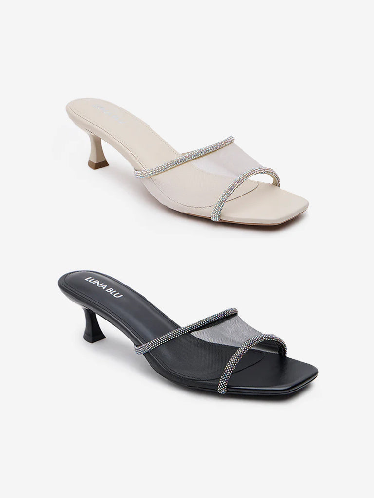 LUNA BLU Ivory Diamante Embellished Kitten Heel Sandals