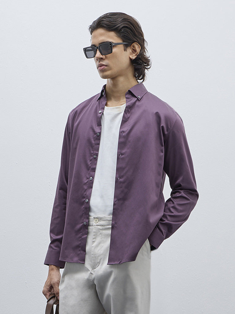WES Formals Purple Slim-Fit Cotton-Blend Shirt