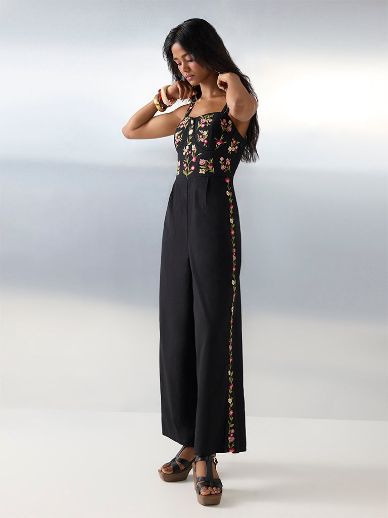 Bombay Paisley Black Embroidered Cotton-Blend Jumpsuit