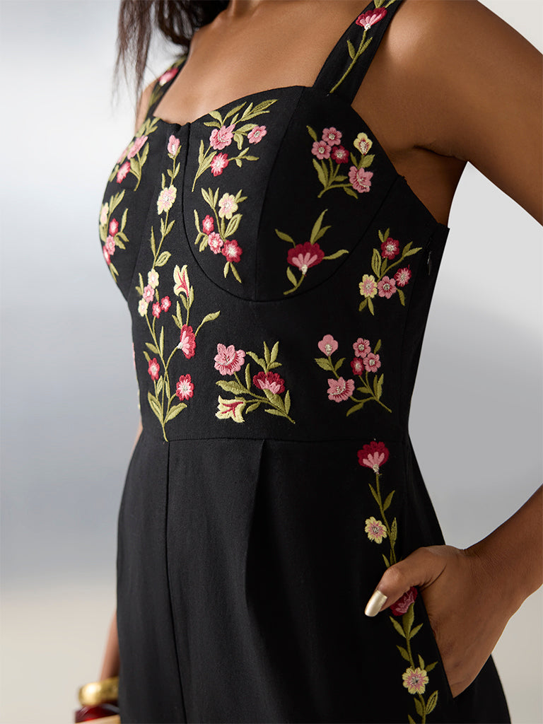 Bombay Paisley Black Embroidered Cotton-Blend Jumpsuit