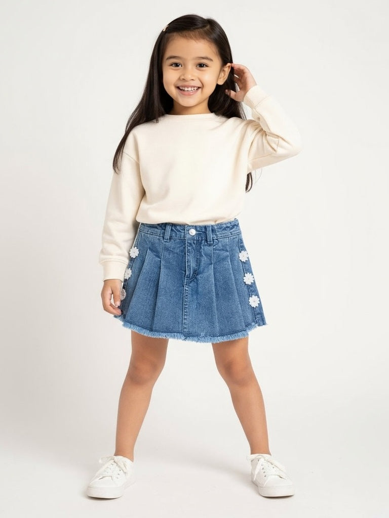 Buy HOP Kids Girls Blue Floral Applique High-Rise Denim Skorts