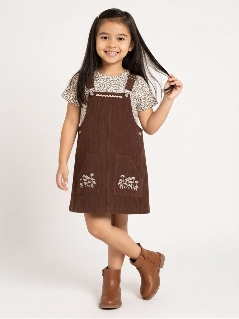 Buy HOP Kids Girls Dark Brown Corduroy Pinafore with T-Shirt Set from  Westside