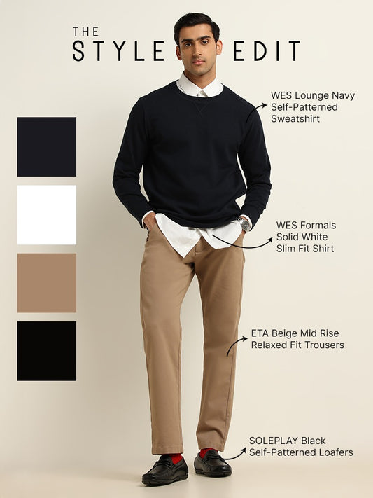 WES Lounge Navy Self-Patterned Cotton Blend Sweatshirt