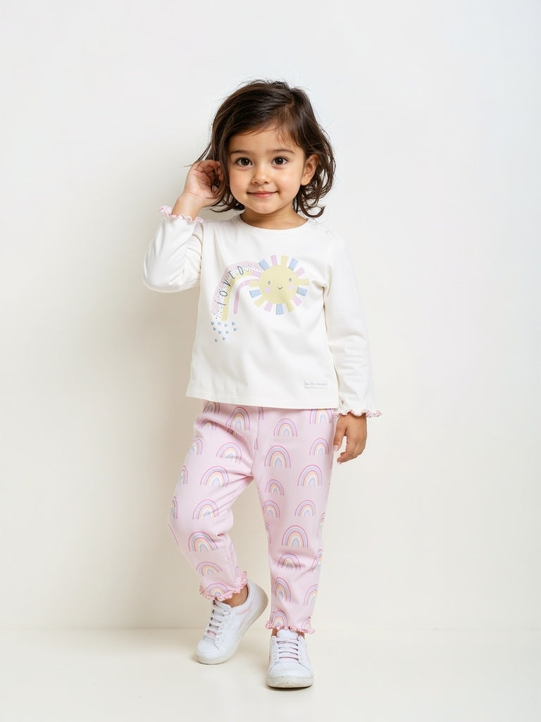 Westside HOP Baby Girls Pink Rainbow Design Cotton Top and Pants Set for Casual Wear Full View