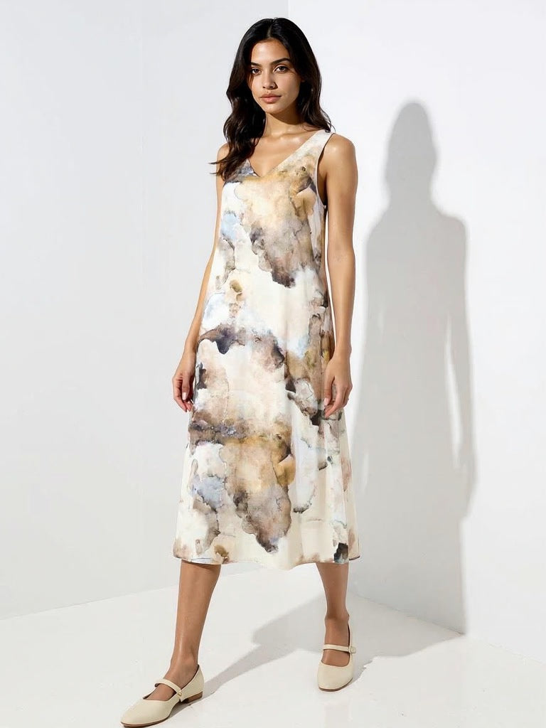 Westside Wardrobe Women's Multicolour Abstract Design A-Line Dress for Work Wear Full Model View