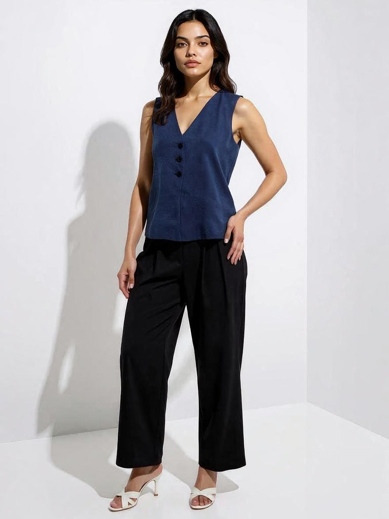Westside Wardrobe Women's Navy Solid Vest Top for Work Wear Full Model View