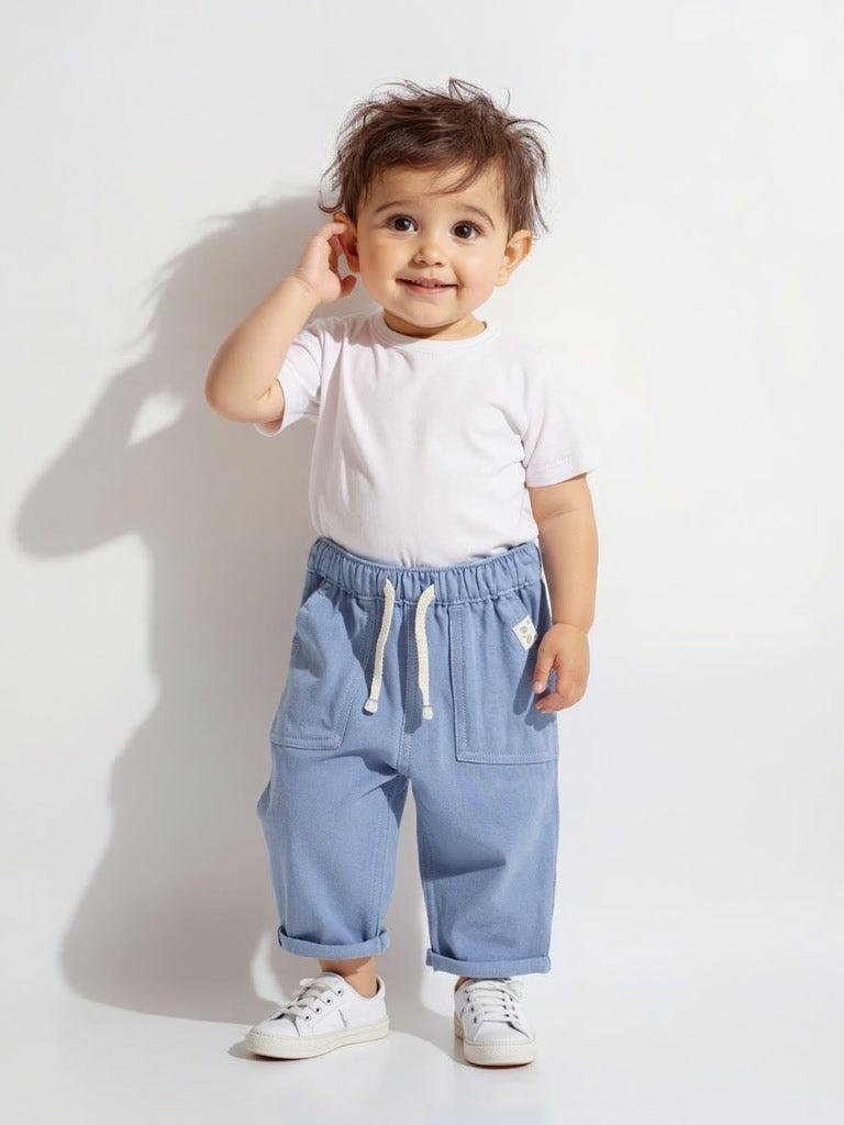 Buy HOP Baby Dusty Blue Mid-Rise Cotton-Blend Trousers from Westside - Main Image