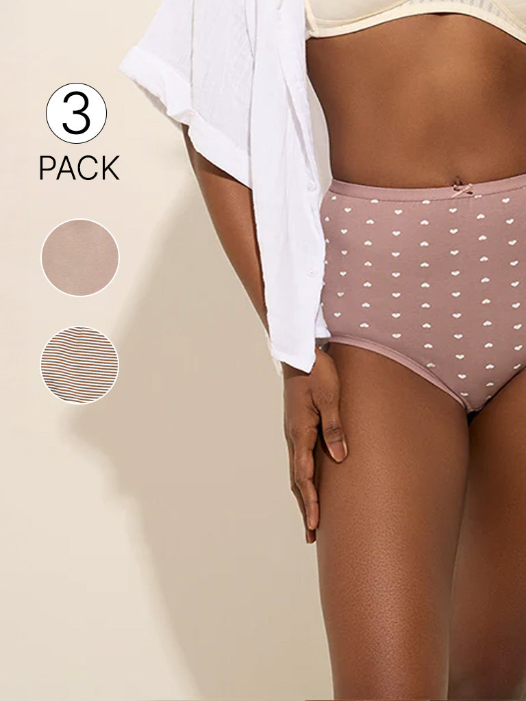 Wunderlove Light Taupe Printed Cotton-Blend Full Briefs - Pack of 3
