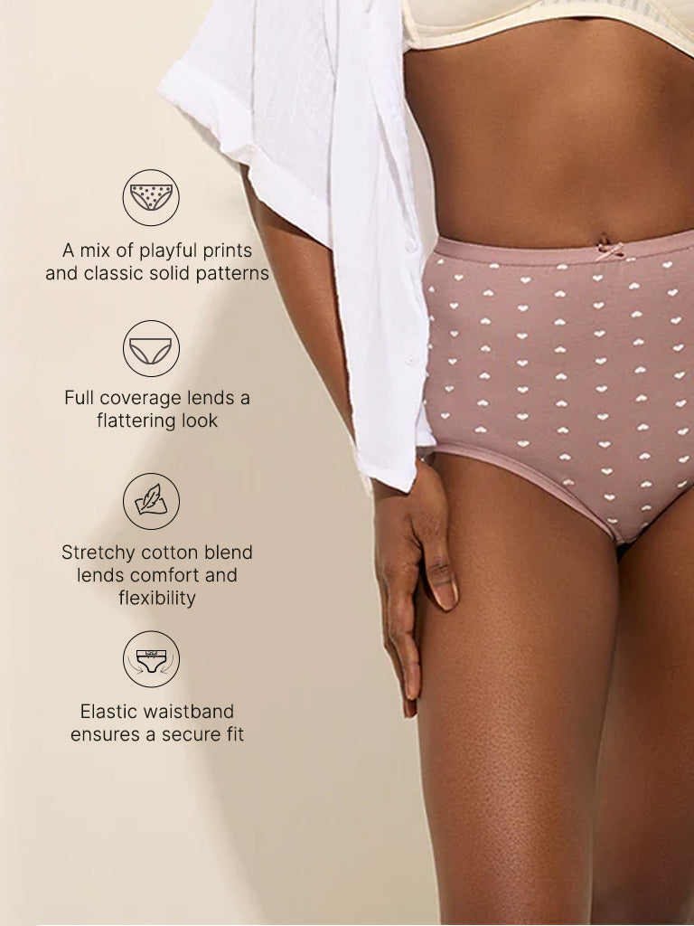 Wunderlove Light Taupe Printed Cotton-Blend Full Briefs - Pack of 3