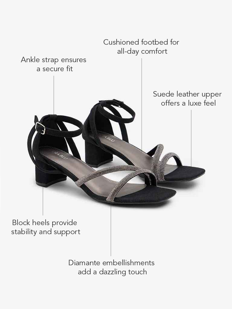 Westside LUNA BLU Women's Black Diamante Embellished Heel Sandals Infographics