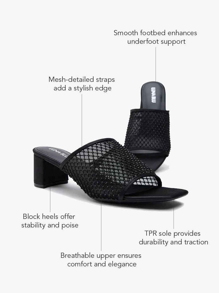 LUNA BLU Black Mesh Detailed Block Heel Sandals