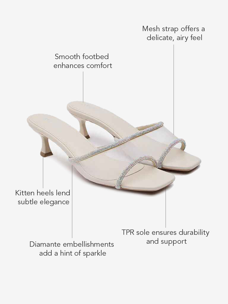 LUNA BLU Ivory Diamante Embellished Kitten Heel Sandals