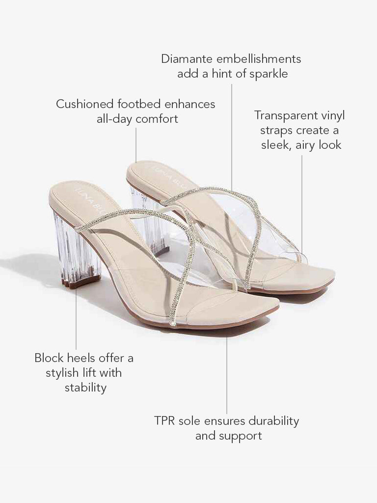LUNA BLU Ivory Diamante Embellished Vinyl Heel Sandals