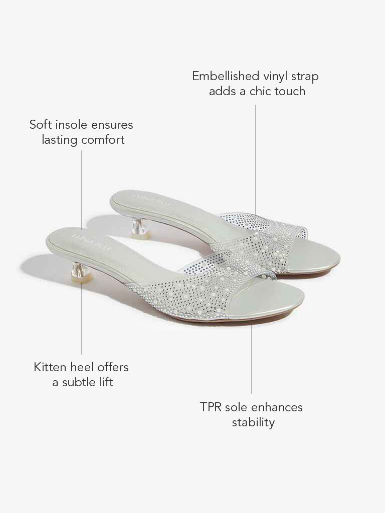 Westside LUNA BLU Women's Silver Embellished Vinyl Strap Heel Sandals Infographics