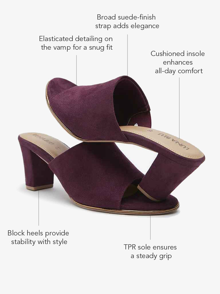 Westside LUNA BLU Women's Wine Suede Block Heel Sandals for Casual Wear Front View
