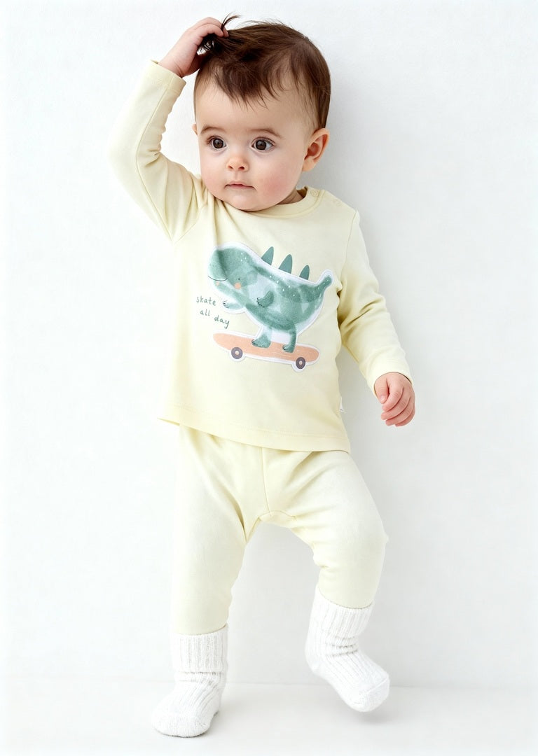 HOP Baby Yellow Animal Design Cotton T-Shirt with Pants Set