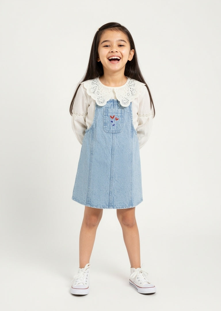 Buy HOP Kids Blue Denim Pinafore with Top Set from Westside
