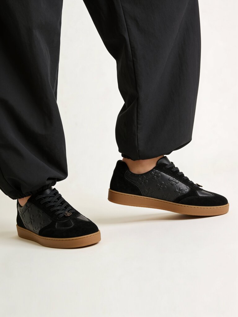 LUNA BLU Black Floral Embossed Suede Sneakers