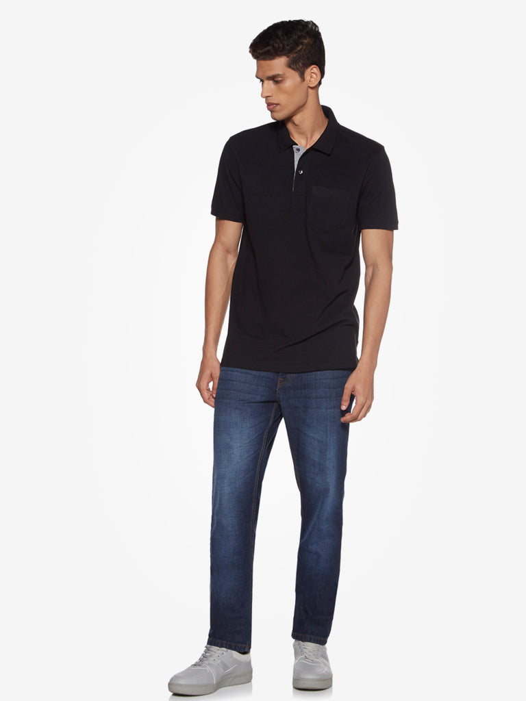 WES Casuals Black Slim Fit Polo T-Shirt