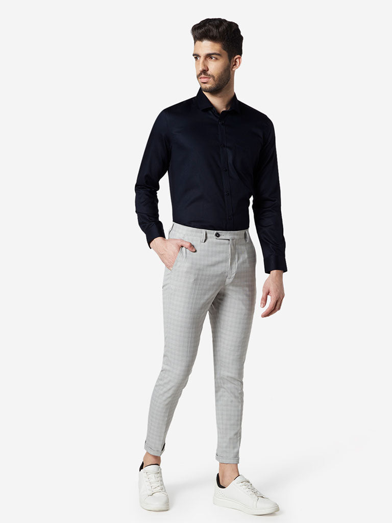 WES Formals Navy Self-Patterned Slim Fit Shirt Standing View