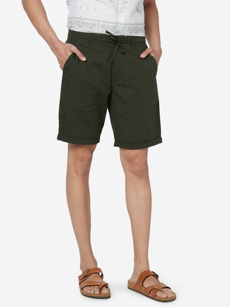 ETA Olive Slim Fit Pure Cotton Shorts | Olive Slim Fit Pure Cotton Shorts for Men Front View - Westside
