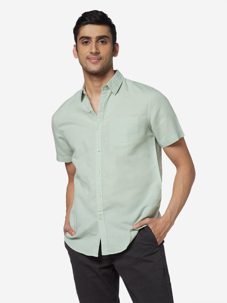 WES Casuals Sage Green Slim Fit Blended Linen Shirt