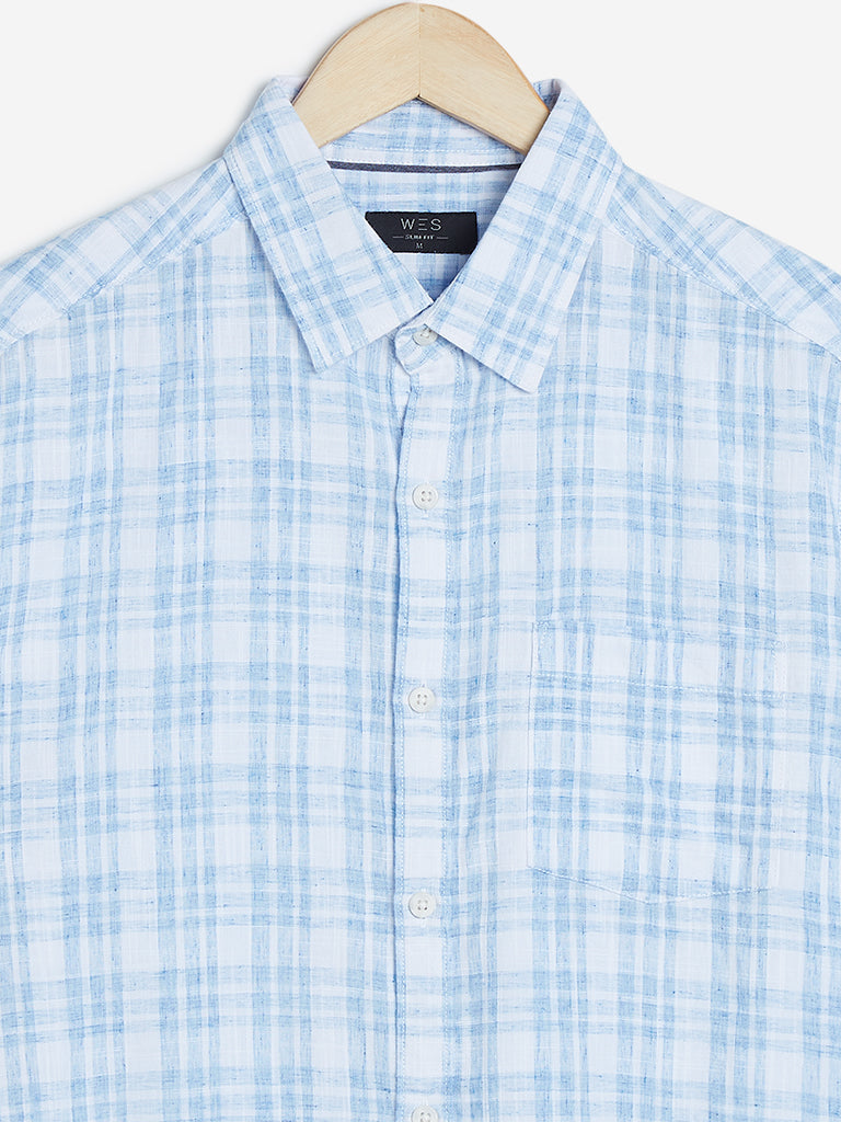 WES Casuals Blue Slim Fit Check Pattern Shirt