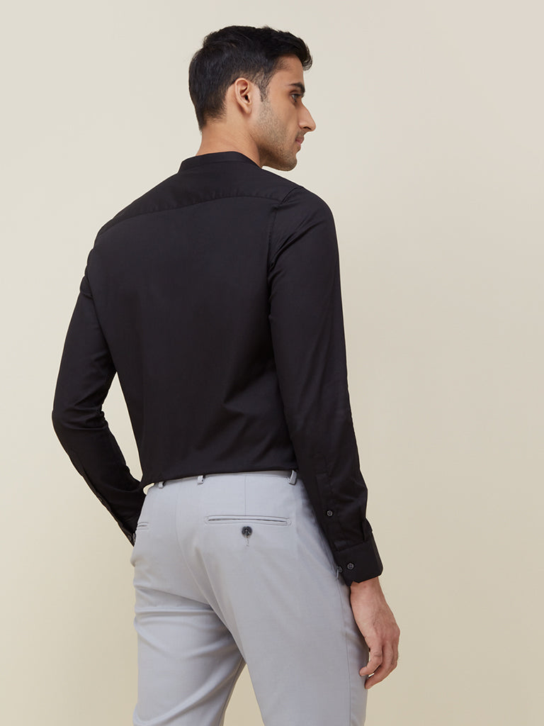 WES Formals Black Ultra Slim Fit Band Neck Shirt Back View
