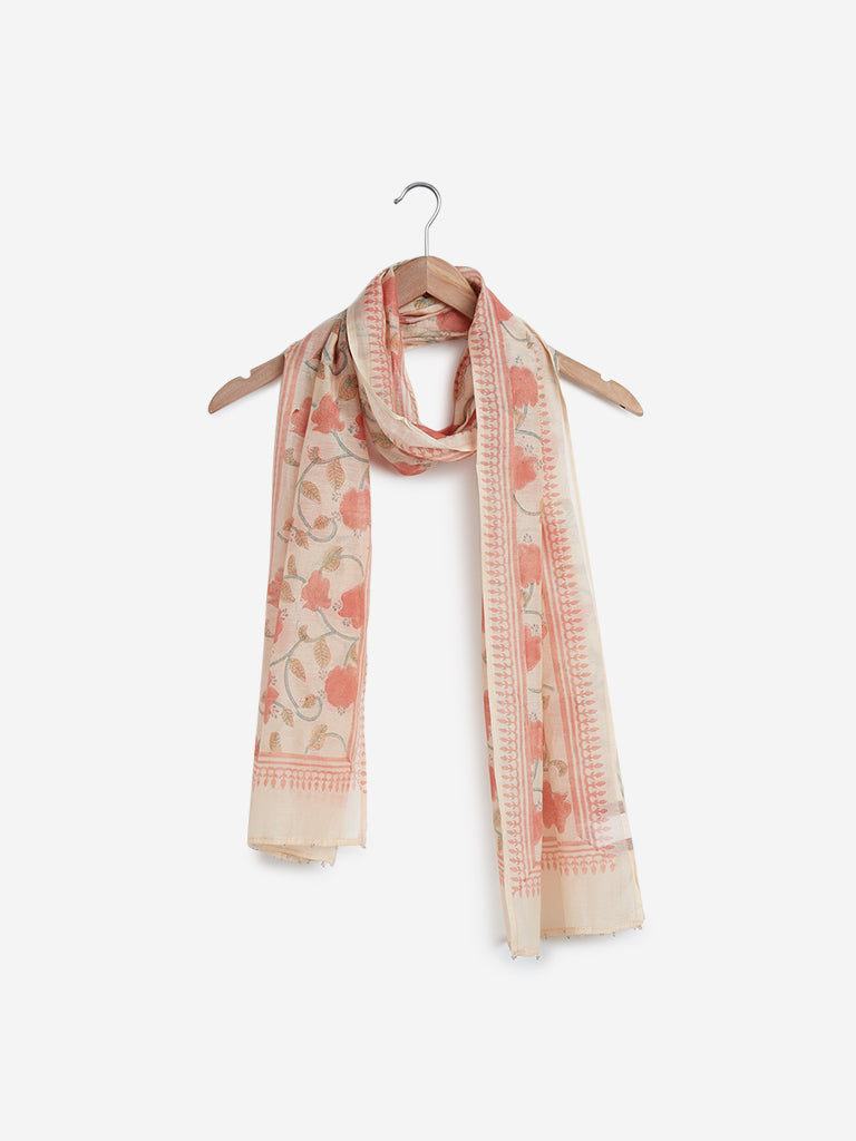 Zuba Peach Printed Cotton-silk Stole | Peach Printed Cotton-silk Stole for women full view - Westside