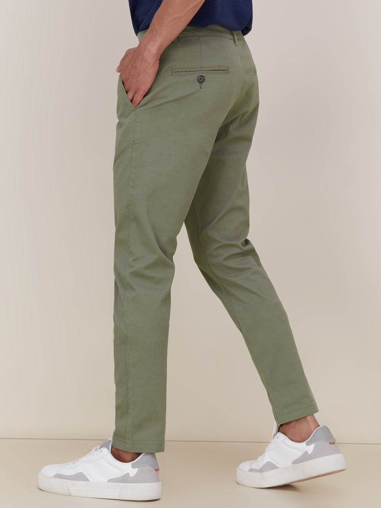 WES Casuals Light Olive Slim-Fit Chinos | Light Olive Slim-Fit Chinos for Men Back View - Westside