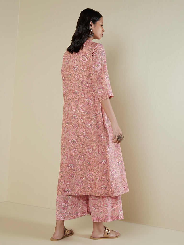 Zuba Peach Floral-Printed A-Line Kurta