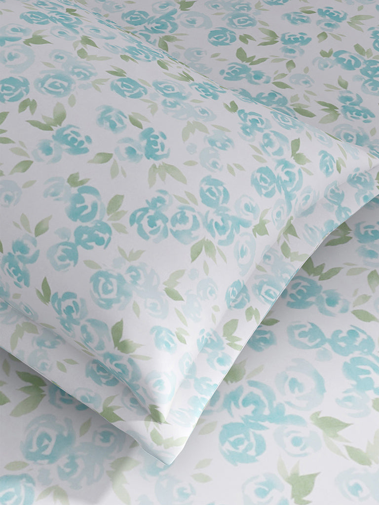 Westside Home Aqua Rose-Printed Single Bedsheet and Pillowcase Set