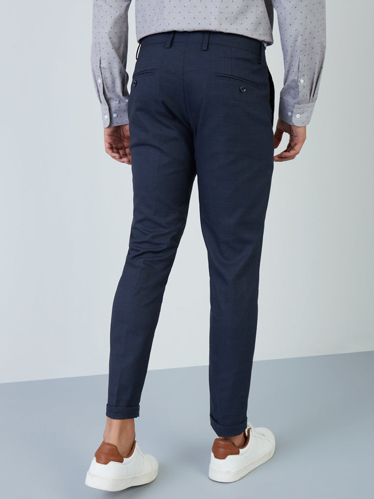 WES Formals Navy Carrot-Fit Checkered Trousers Back View