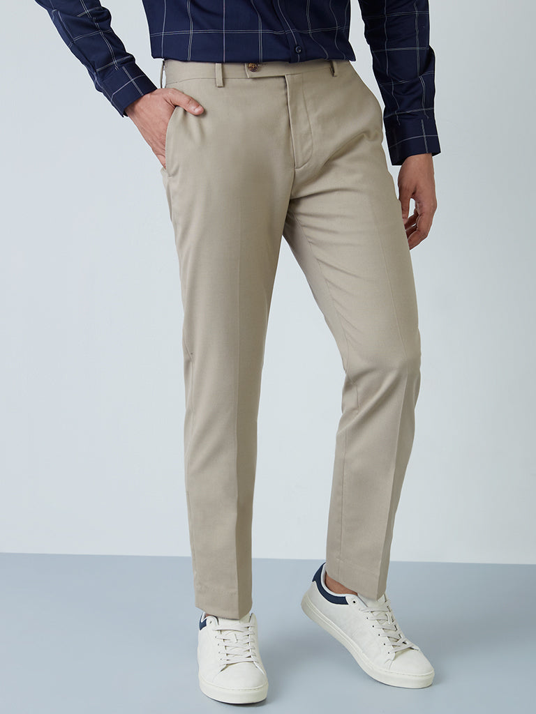 Westside WES Formals Men's Light Khaki Slim-Fit Mid-Rise Trousers for Work Wear Front View