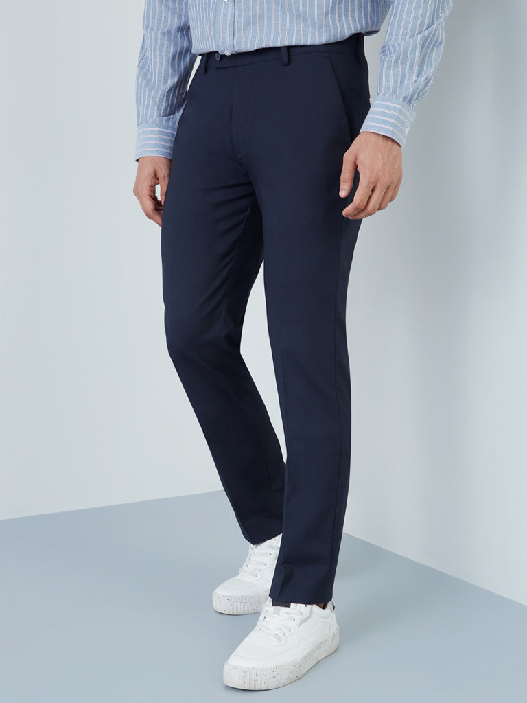 Westside WES Formals Men's Navy Slim-Fit Mid-Rise Trousers for Work Wear Front View
